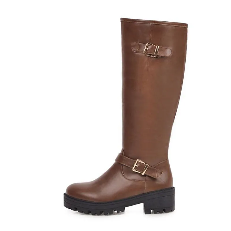 ZALAVOR Plus Size 34-46 Women Knee High Boots Round Toe Side Zip Square Heels Knight Boots Buckle Winter Warm Women Footwear