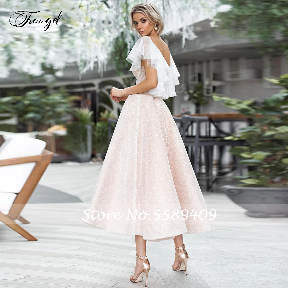 Traugel Demure V-Neck A Line Tea-Length Cocktail Dresses Glitter Applique Cap Sleeve Backless Short Lace Prom Evening Party Gown