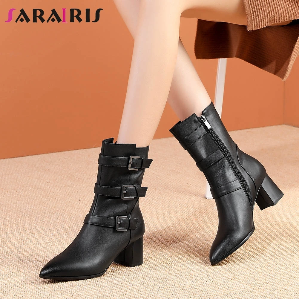 

SARAIRIS New Big Size 33-43 Fashion Pointed Toe Booties Lady Genuine Leather Ankle Boots Women Party OL High Heels Shoes Woman
