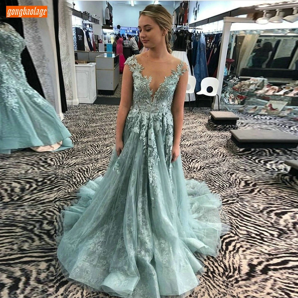 

Fashion Boho O Neck Evening Dresses Long Appliqued Lace Tulle A Line Women Formal Dress Party Custom Made Banquet Evening Gowns