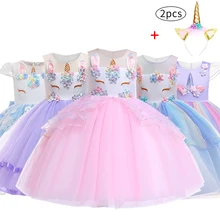 Новое платье для девочек 2 предмета, Детские платья для девочек, милые вечерние платья с рисунком единорога Рождественская одежда для карнавала детское Dress3-9Y принцессы