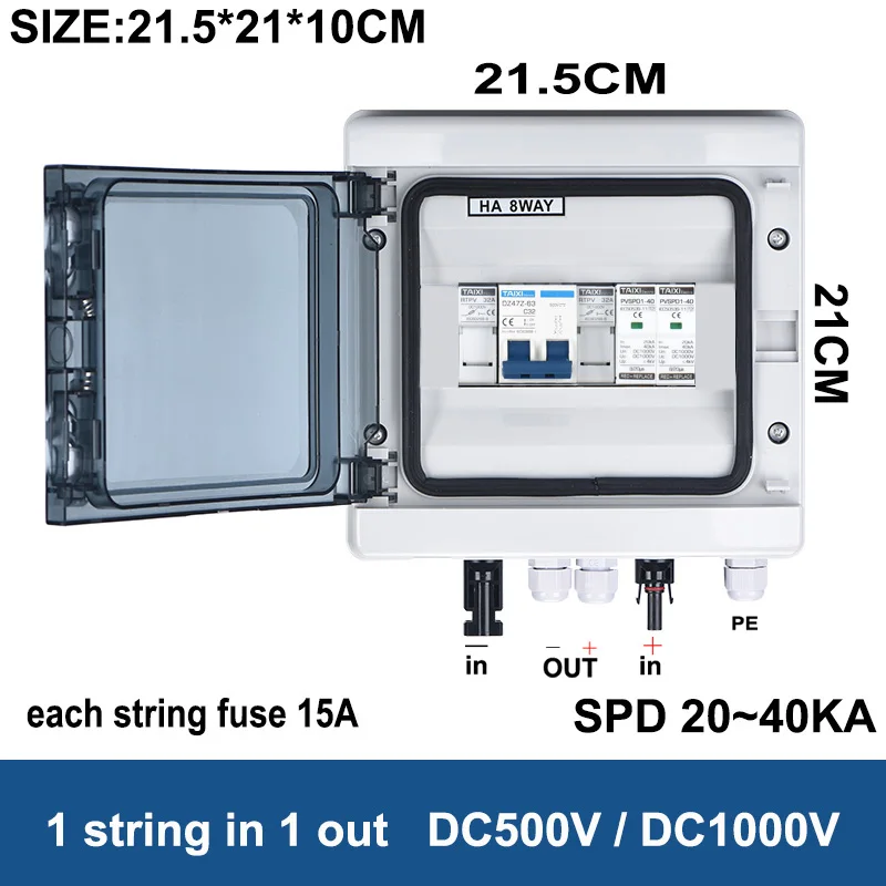Solar photovoltaic PV Combiner Box Lightning Protection 2 or 1 in1 out DC 500V 1000V Fuse MCB SPD Waterproof Box IP65