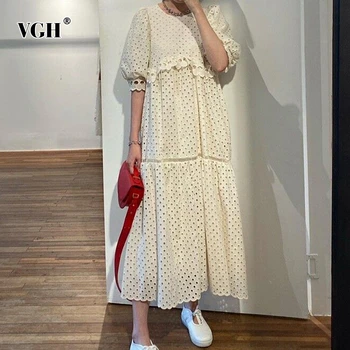 

VGH Vintage Patchwork Ruffles Women Dress O Neck Puff Short Sleeve Hollow Out Loose Midi Dresses Female 2020 Summer Clothing New
