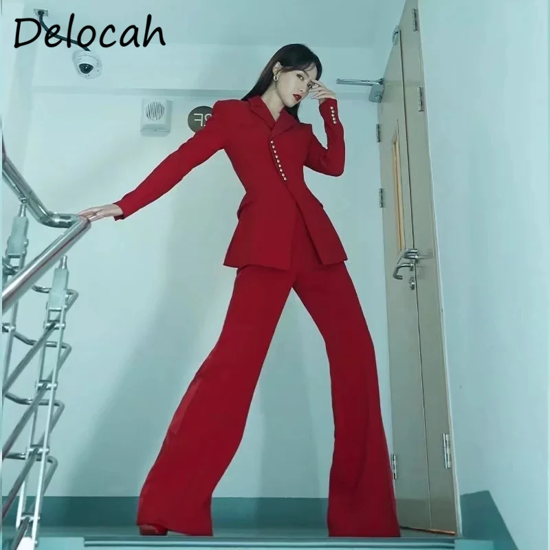 Delocah/Новинка 2021 Осенний женский модный подиумный комплект со штанами пальто с