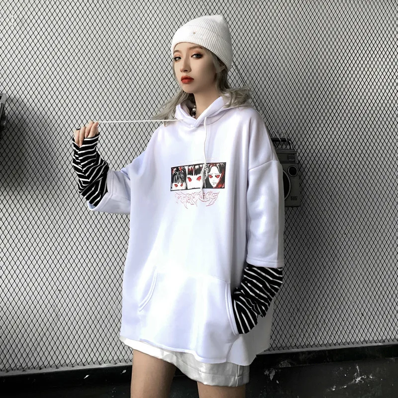 Woherb Harajuku толстовки женские японские Мультяшные принты поддельные 2 шт полосатый с капюшоном Топы повседневные свободные женские новая уличная одежда