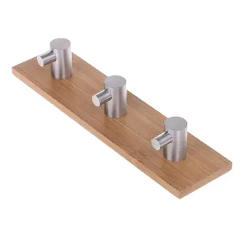 

Natural Bamboo Stainless Steel Wall Hook Bag Key Towel Adhesive Hanger For Kitchen Bathroom