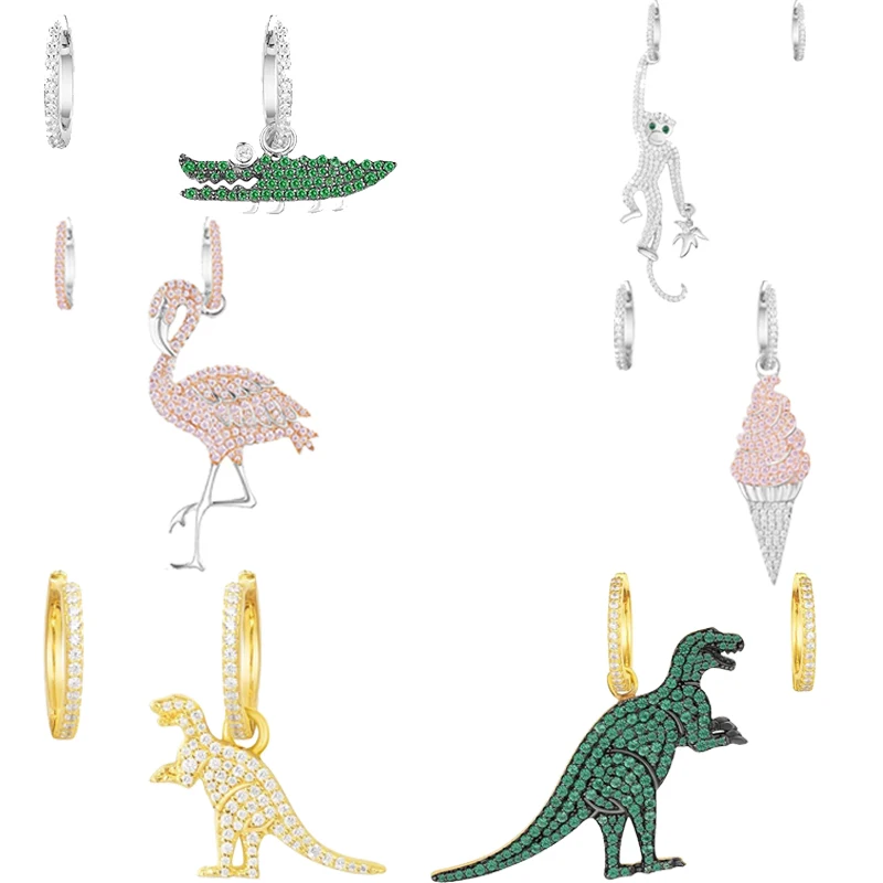 

High quality original 925 sterling silver A dinosaur crocodile PM brand design Monaco asymmetric earrings ladies fashion jewelry