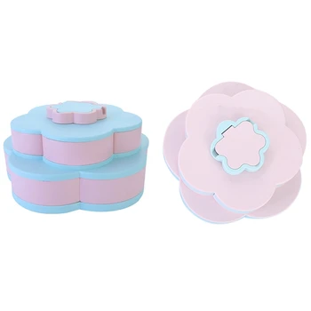 

2x Double-Layer Petal Candy Box Nuts Case Snack Storage Box Container Living Room Rotating Fruit Plate Pink & Blue