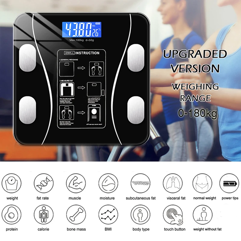 Electronic Weight Scal Fat Glass Smart LCD Display Weighing Digital Major Display Body Data Bone Mas Water BMI Healty Balance