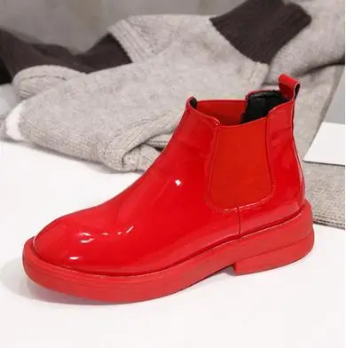 Новинка; Модные ботильоны из лакированной кожи высокого качества; ботинки «Челси» с круглым носком на толстом каблуке; женские ботинки из эластичной ткани; женская обувь - Color: Red