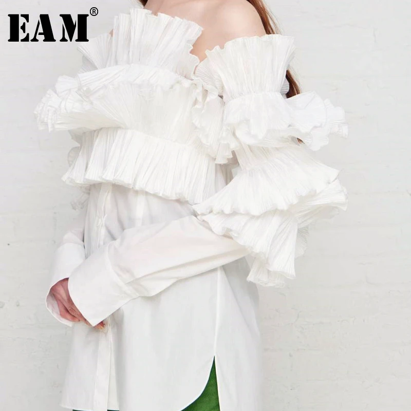 Женская Свободная блузка [EAM] белая с воротником-лодочкой длинными рукавами и