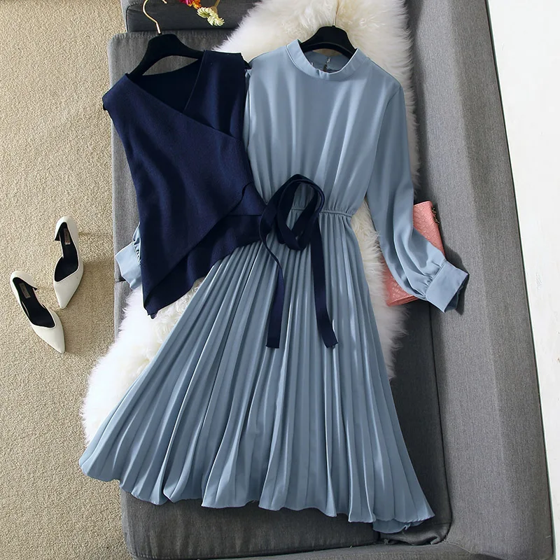 Autumn Winter Dress Suit Women Elegant Long Sleeve Knit Bodycon Mid-Calf Long Sweater Pleated Dress Set Casual Spring