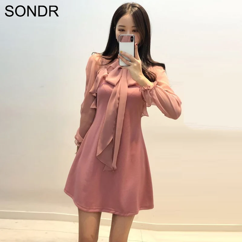 

Korean Version Ghost Horse Girl Dress 2020 Spring Perspective Mesh Splicing Lace Dresses Pink Black Bow Cute Kawaii Women Dress