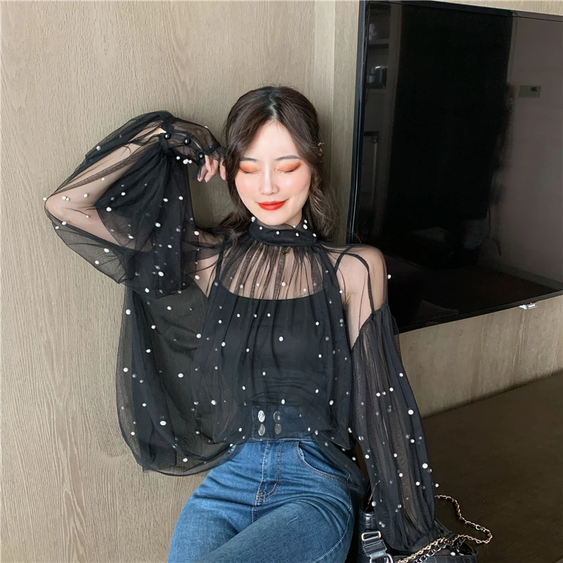Осень Ulzzang сетки кружева перспектива для женщин блузки для малышек Свободные Водолазка рубашки Новая мода бренд дизайнер топы Blusas Mujer De Moda
