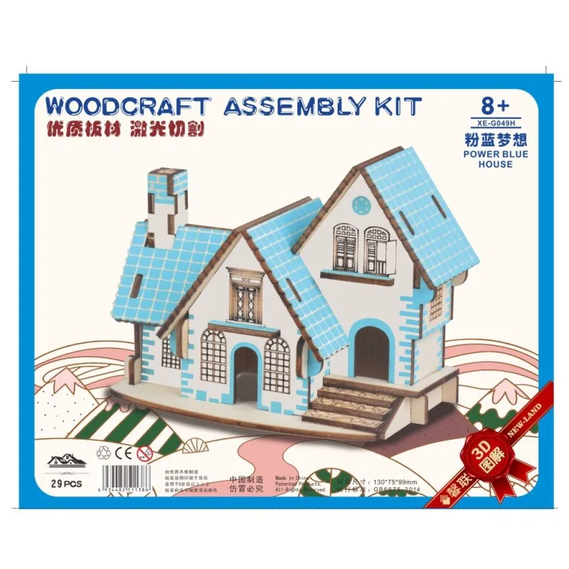 

Kids DIY 3D Puzzle Wooden Toys Cartoon Power Blue House Model Assemble Educational Toys Creative Jigsaw Puzzles Toy For Children