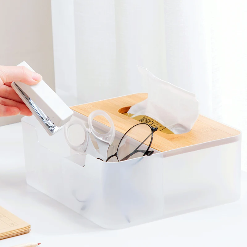 

Bamboo Cover Paper Towel Box Desktop Plastic Napkin Box Multi-function Remote Control Box Household Tea Table Tissue Box