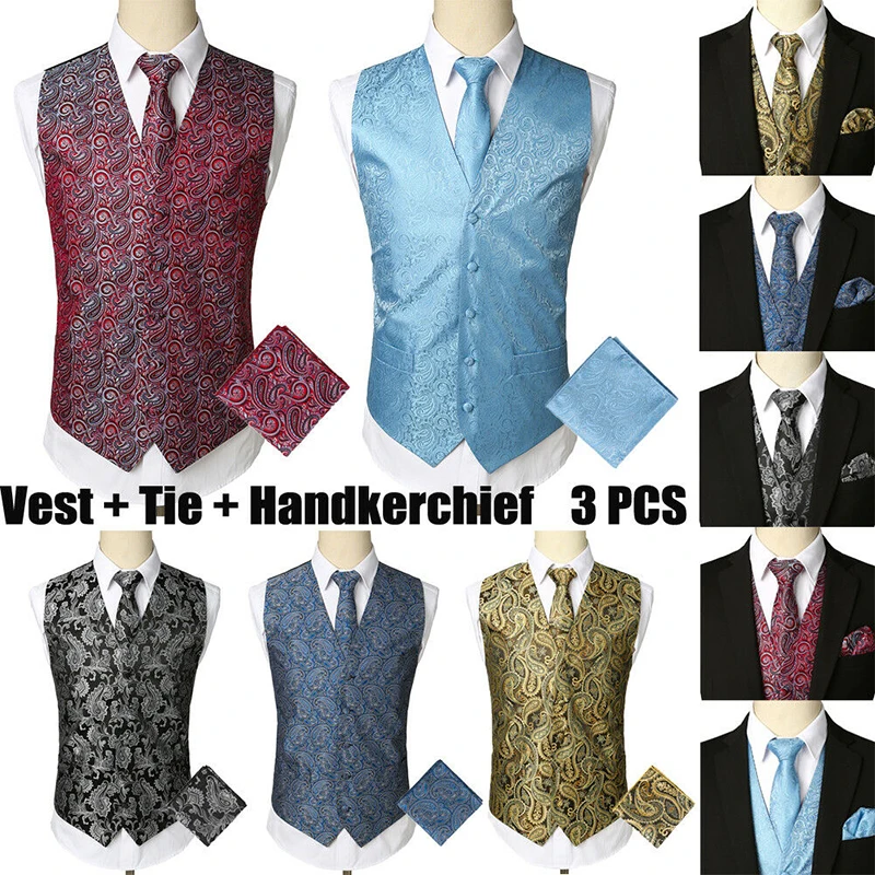 Hot Mens Black Waistcoats Slim Fit Men 3pcs Vest+Necktie+Handkerchief Set Paisley Jacquard Tuxedo Suit Vest For Party Wedding