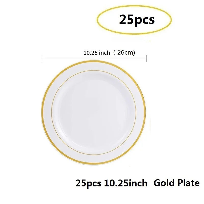 Gold Plate 10.25in 25 шт., розовое золото, пластиковые тарелки, кружевной дизайн, Свадебная вечеринка, пластиковая тарелка, одноразовая посуда, чашки, десерт, закуска, день рождения - Цвет: Gold Plate 10.25in