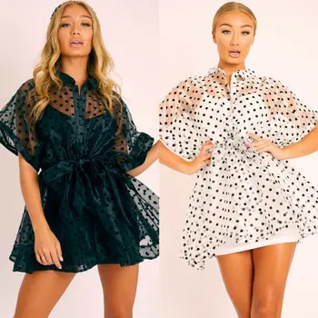 

New Women's Ladies Mesh Sheer Dress Dot Print Fashion Casual Mini Dress Summer Beach Dress Black White Color
