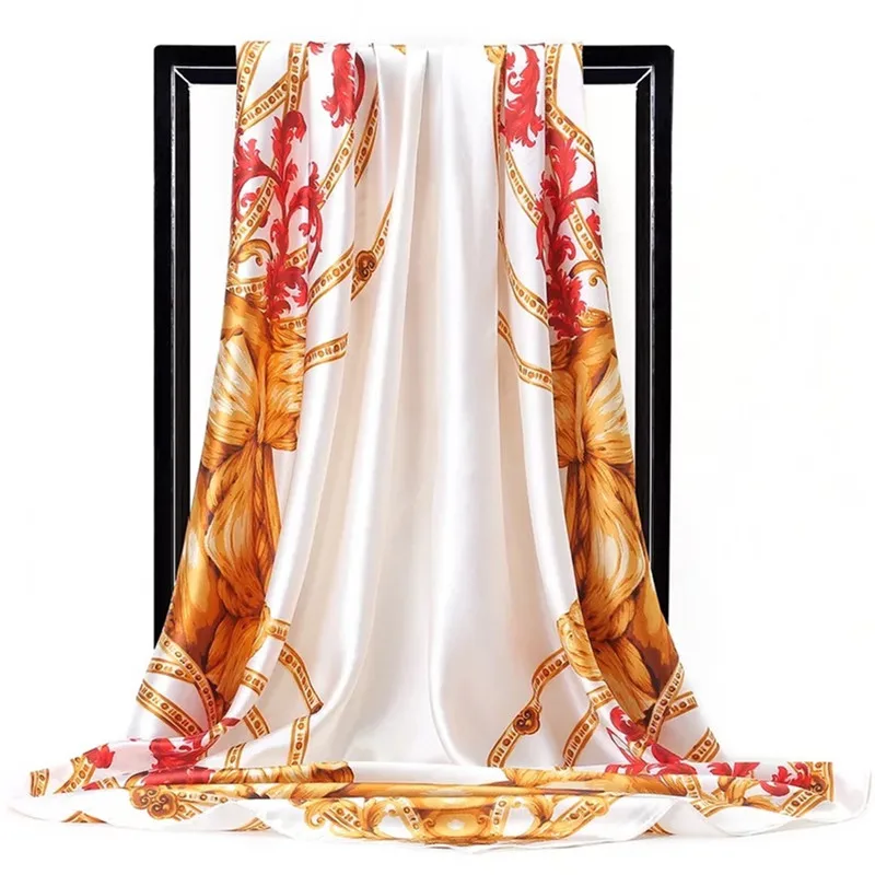  Silk Scarf Women Print hair neck Square Scarves Office Ladies Shawl Bandanna 90*90cm Muslim Hijab H