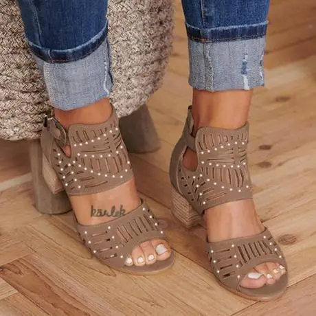 

2020 Women Fashion Sandals Women Vintage Hollow Out Peep Toe Square Heel Wedges Sandals High Heels Shoes Zapatos Mujer