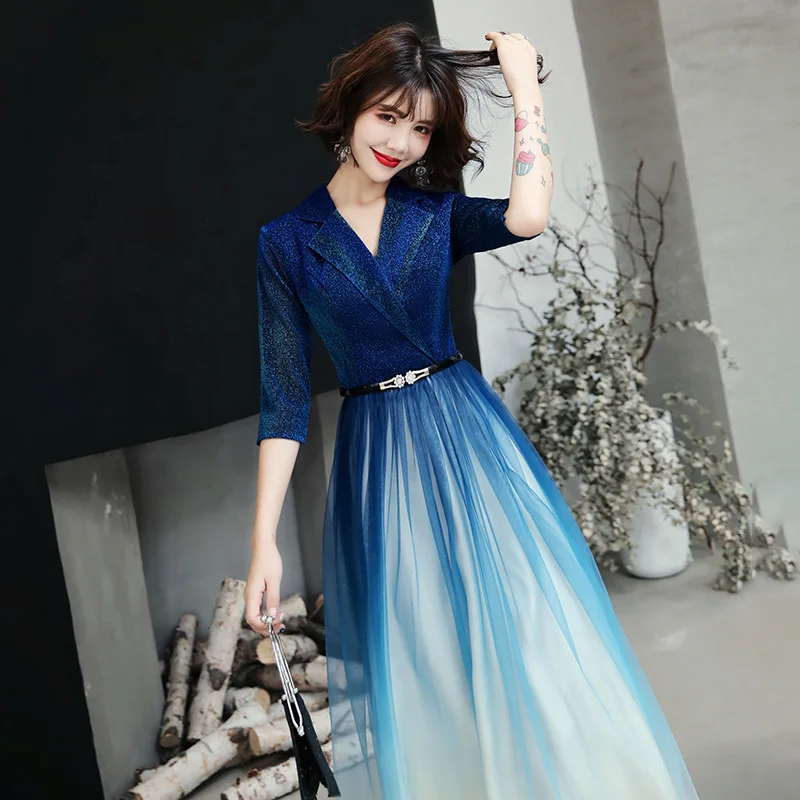 

2020 Direct Selling Top Fashion Sapphire Small Evening Dress Female Party Temperament Socialite Gradient Host Dinner Long