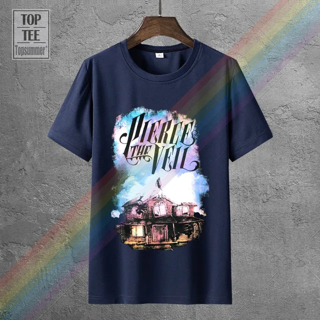 Pierce The Veil Mens T Shirt Ghostie Rising Through Dilapidated House 0013761-Navy Blue