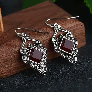 

Square Crystal Vintage Drop Earrings Retro Thai Silver Women Red Dangle Ethnic Jewelry Earring Geometric Stone Zircon Dirls S2L5