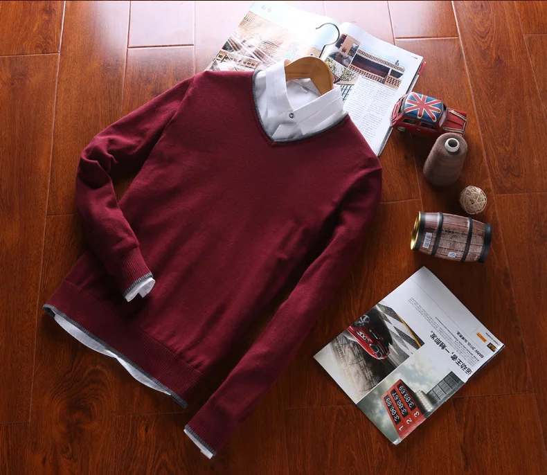 Осенне-зимний вязаный мужской свитер s мужские повседневные свитера хлопковые пуловеры высокого качества с длинным рукавом Однотонный пуловер с v-образным вырезом