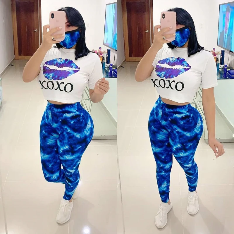 ladies loungewear T Shirt Pants Mask Women Three Piece Set 2020 Summer Short Sleeve O neck Tops And Print Trousers Leggings Casual Set New blazer and pants set Women's Sets