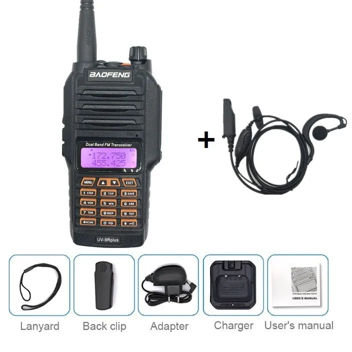 BAOFENG UV-9R плюс 10 W 4800 mAh Walkie Talkie 10 км Водонепроницаемый УВЧ УКВ радиостанция портативный любительский радиопередатчик станции КВ трансивер сканер рации 9r портативная Радиостанция 10 км - Цвет: add earpie