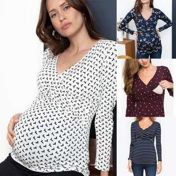 

2019 New Pregnant T Shirt Sexy V Neck Dot Print Nursing Tops Casual Maternity Long Sleeve Autumn Breastfeeding Tops Clothes