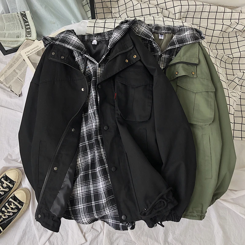 

Fake Two-piece Hooded Jacket Men's Fashion Casual Retro Check Jackets Mens Streetwear Loose Hip Hop Bomber Jacket Men M-5XL