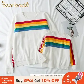 

Bear Leader Fashion Kids Clothing Family Matching Outfits Children Sriped Rainbow Pattern Casual Knitted Tops Kids Clothing Suit