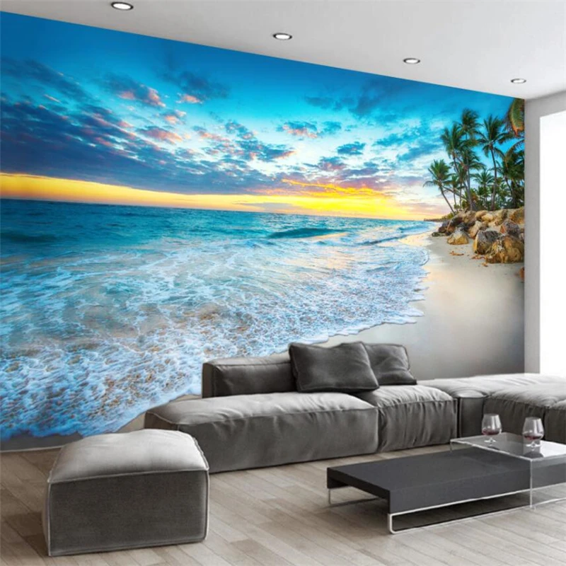 Beibehang-HD-Beach-Seascape-Landscape-Illustration-Wall-Custom-Large-Mural-Green-Wallpaper-papel-de-parede-para