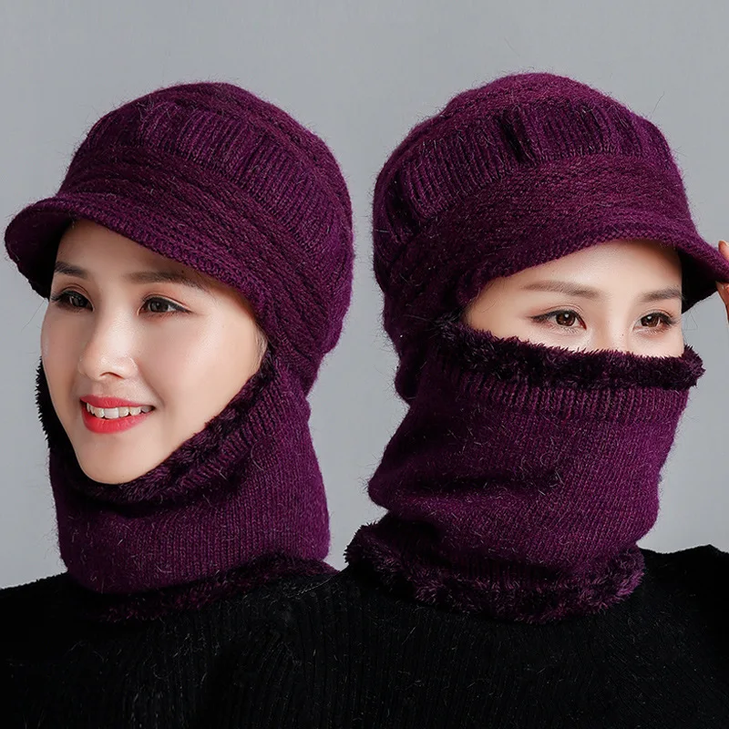 purple Высокое качество, Женская плюшевая вязаная шапка из кроличьего меха, теплая зимняя шапка и шарф, набор, женский берет, шапки бини, лыжный повседневный головной убор, шапки - Цвет: purple