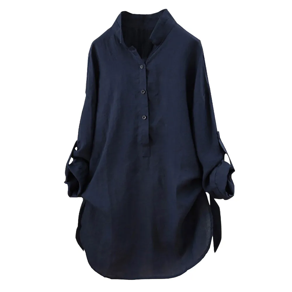Las nuevas mujeres Tops Blusas otoño botón suelto de manga larga vestido de Camisa larga blusa de talla grande de algodón sólido túnica Tops Blusas