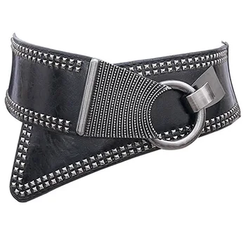 

Diagonal Pull Seal Black Leather Bandwidth Waist Punk Wind Wild Wide Fashion with Hook Decoration Rivet Versatile Girdle