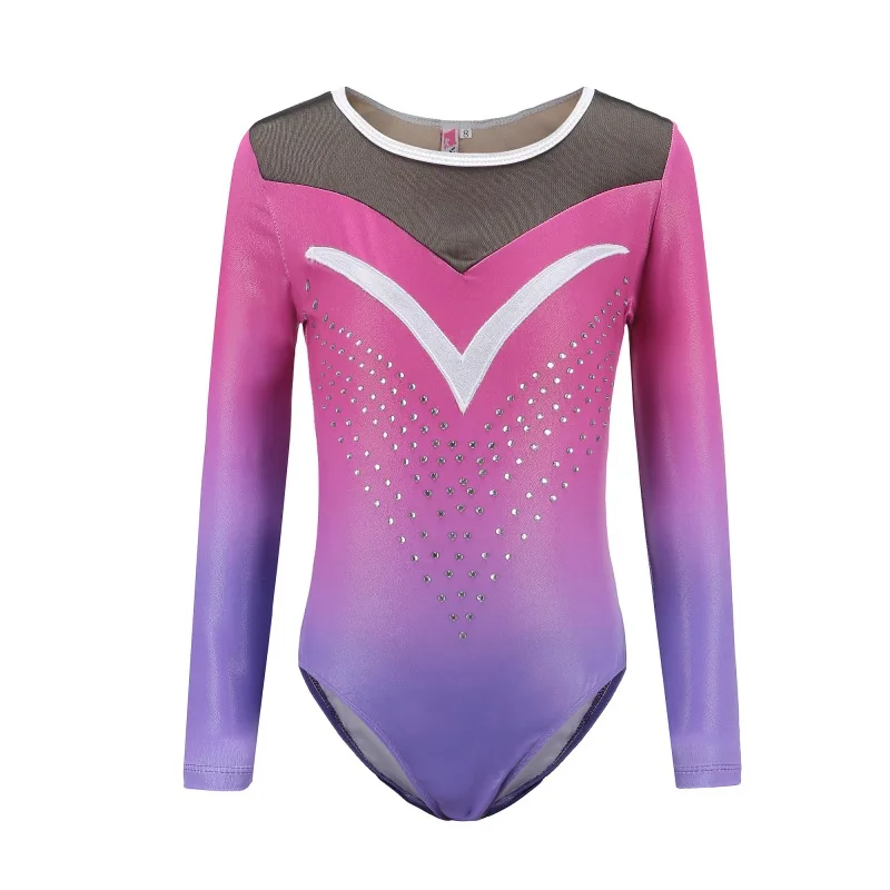 

2019 Competition Long Sleeved Gymnastics Bright Color Body Suits Children Girls Models Ballet Practice Dance Wear AHPU
