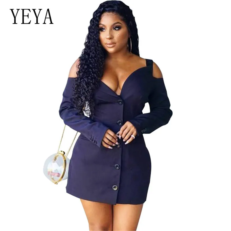 

YEYA Autumn Sexy V Neck Low Chest Single-breasted Tight-fitting Dress Elegant Long Sleeve Hollow Out Bodycon Slim Party Dress
