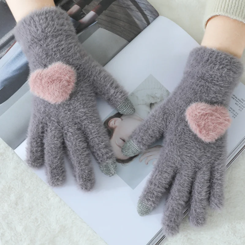 Gloves Knitted Women Touch Screen New Winter Soft Rabbit Wool Knitted Gloves Warm Lovely Girls' Pink Heart Mittens Gloves