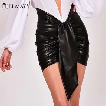 

JLI MAY Sexy Lace-Up PU Skirt Summer Womens Elegant V High Waist Type Solid Slim Pleated Party Sheath Pencil Skirts Office Lady