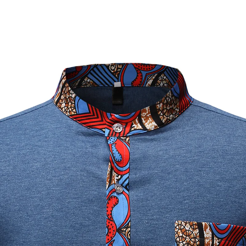 Abeaicoc Mens Long Sleeve Stand Collar Casual African Print Button Front Shirt 