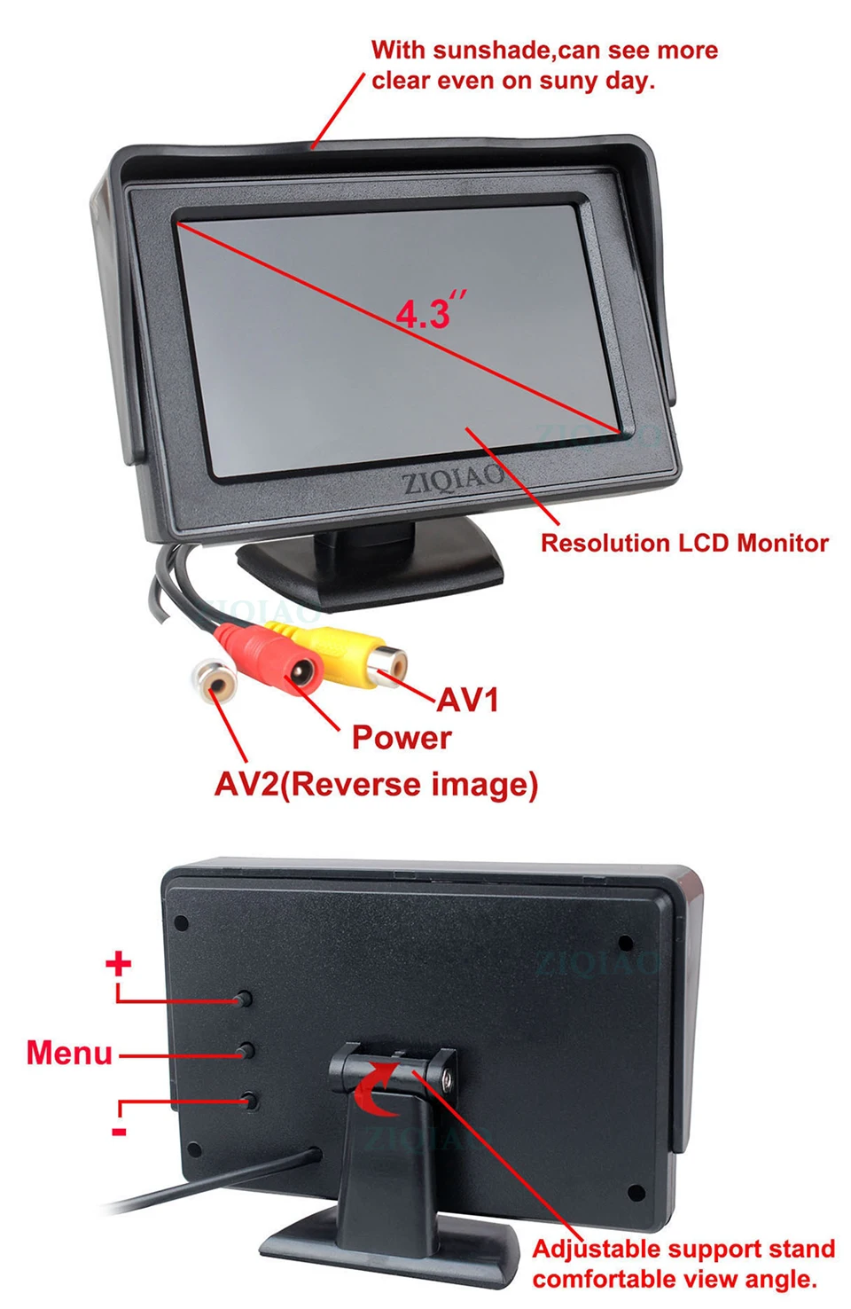 ZIQIAO 4.3 Inch TFT LCD Monitor Car Rearview Monitoring System Dynamic Trajectory Tracks Rear View Camera