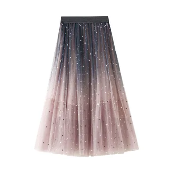 

Spring Fashion Women's High Waist Pleated Half Length Elastic Gradient Star Sequined Mesh Starry Sky Skirt