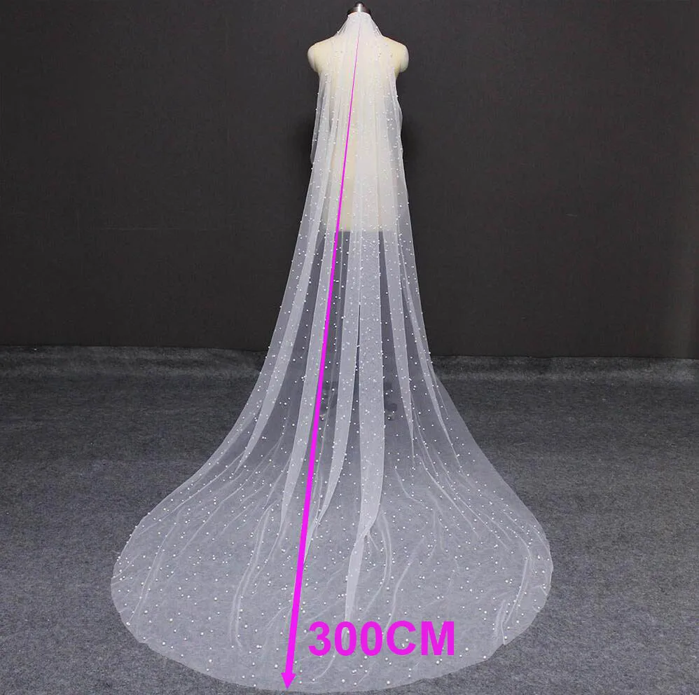Beautiful Long Pearl Veil One Layer 3M Bridal Veil Cathedral 3 Meters White Ivory Wedding Veil with Pearls Bride Accessories