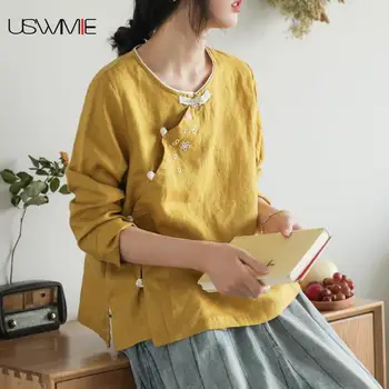 

Womens Tops And Blouses Vintage Skinny Embroidery Long Sleeve O-neck Loose Comfort Ladies Tops Oblique Button Plus Size Women