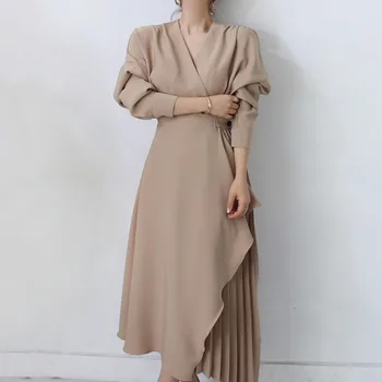 

Elegant Office Ladies Long Dress Women Spring Autumn Long Sleeve Korean Preppy Style Solid Irregular Pleated Dresses Vestidos