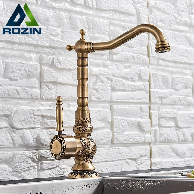 Basin Faucet Bathroom Faucet Rozin Antique Brass Basin Faucet Long nose Spout Flower Carved Wash Sink Tap 360 Rotation Single Handle Mixer Tap Torneiras