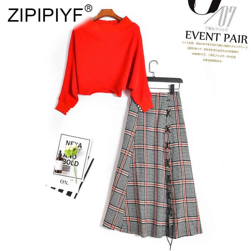 

New Two-piece Suit Sets Elegant Women 2019 Autumn Rounded Neck Long Sleeve Blouse + Plaid A-Line Skirt C2007